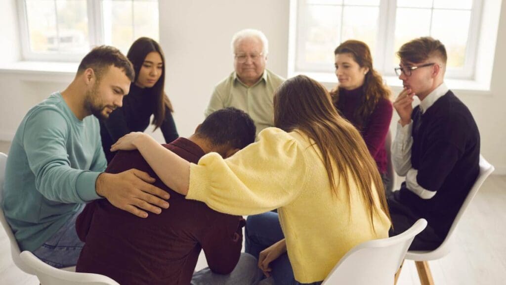 A group therapy session where people learn how to tell if someone is on Xanax and offer support.