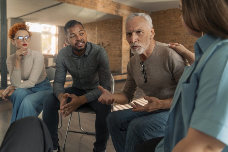 Therapist leading a supportive group therapy meeting for addiction recovery