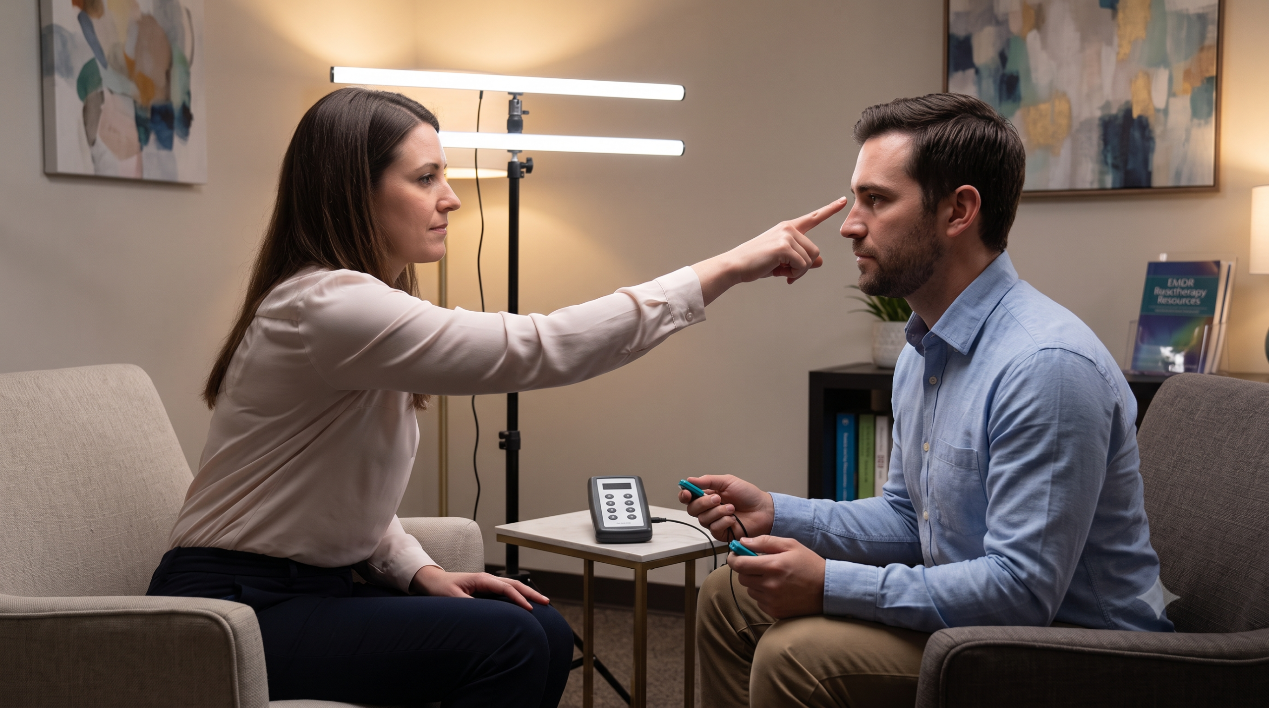 EMDR therapy session using guided bilateral stimulation for trauma recovery